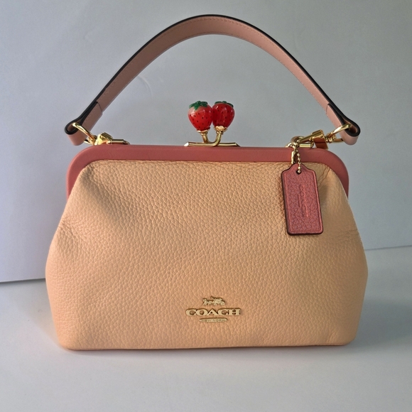 Coach Handbags - Coach Nora Strawberry Kisslock Handbag Peach Pink Pebbled Leather C8288